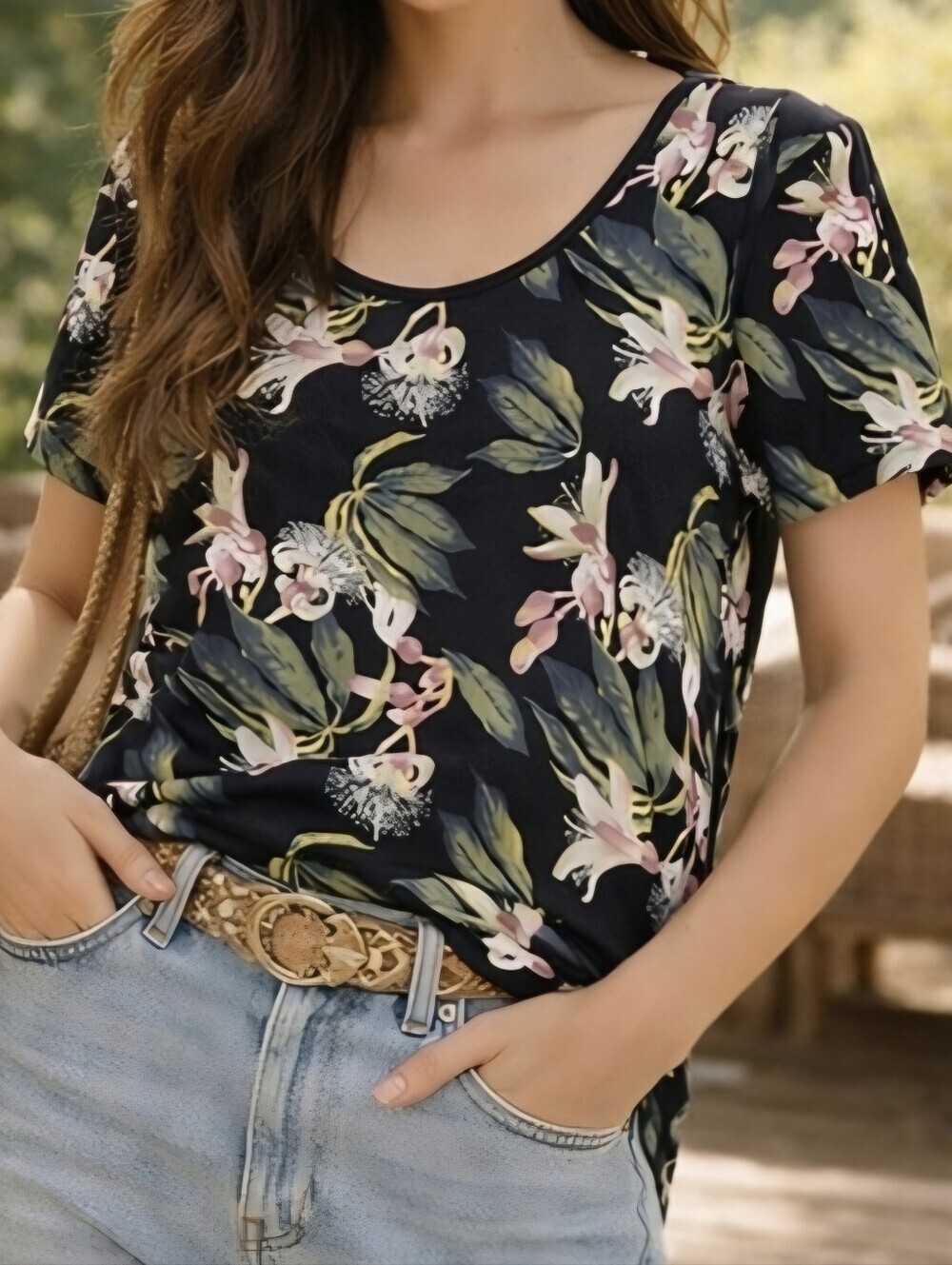 Babaton Floral Drapey Tee Size L Black Pink Lightweight Soft Flowy Aritzia